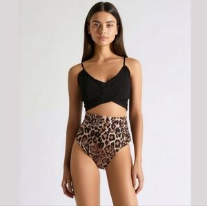 Ruuhee Crisscross Leopard Safari Print 2 Piece Swimsuit High Waisted Bikini NWT